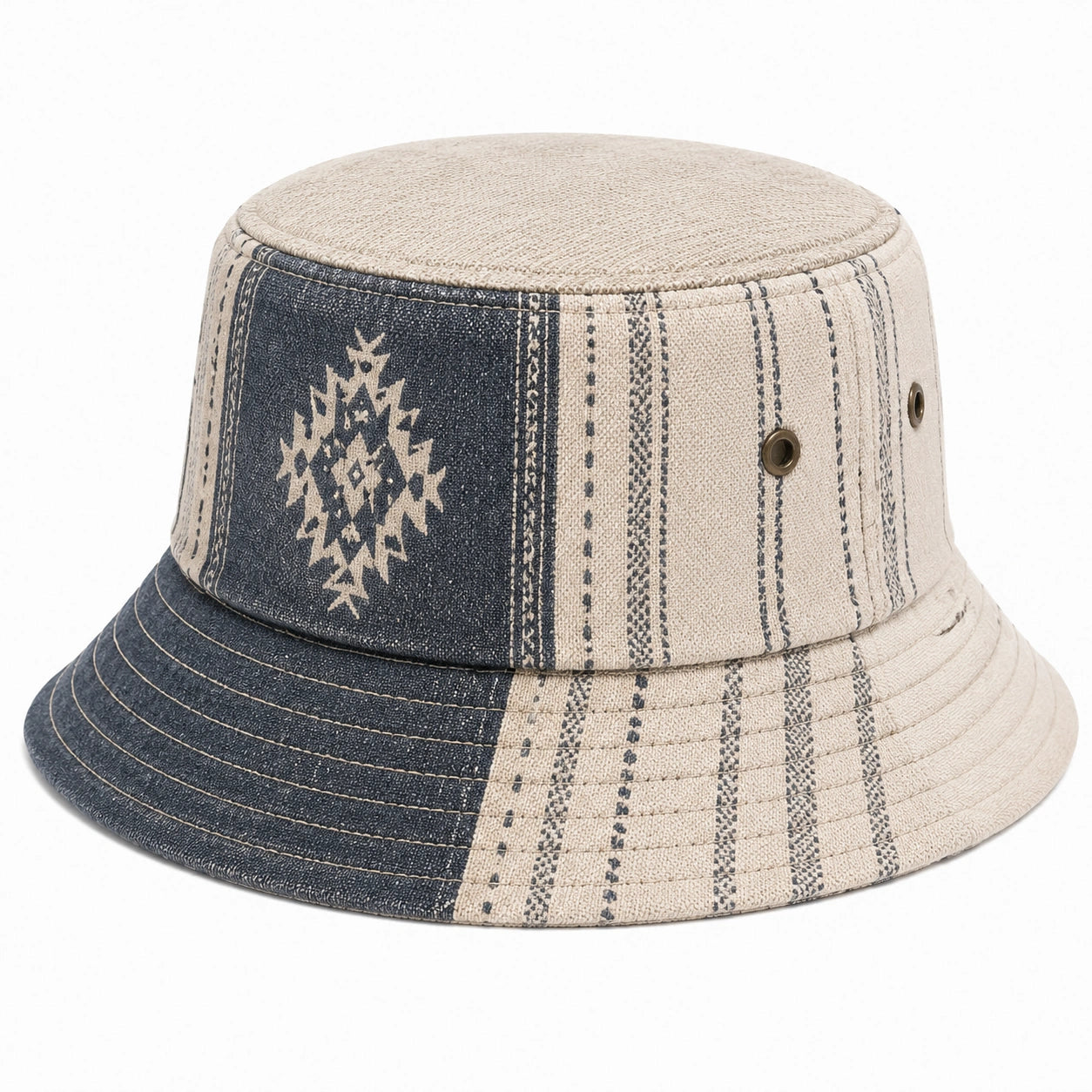 Anglerhut Einheitsgröße aus Textil in Beige Dunkelblau mit Muster und Belüftungsösen