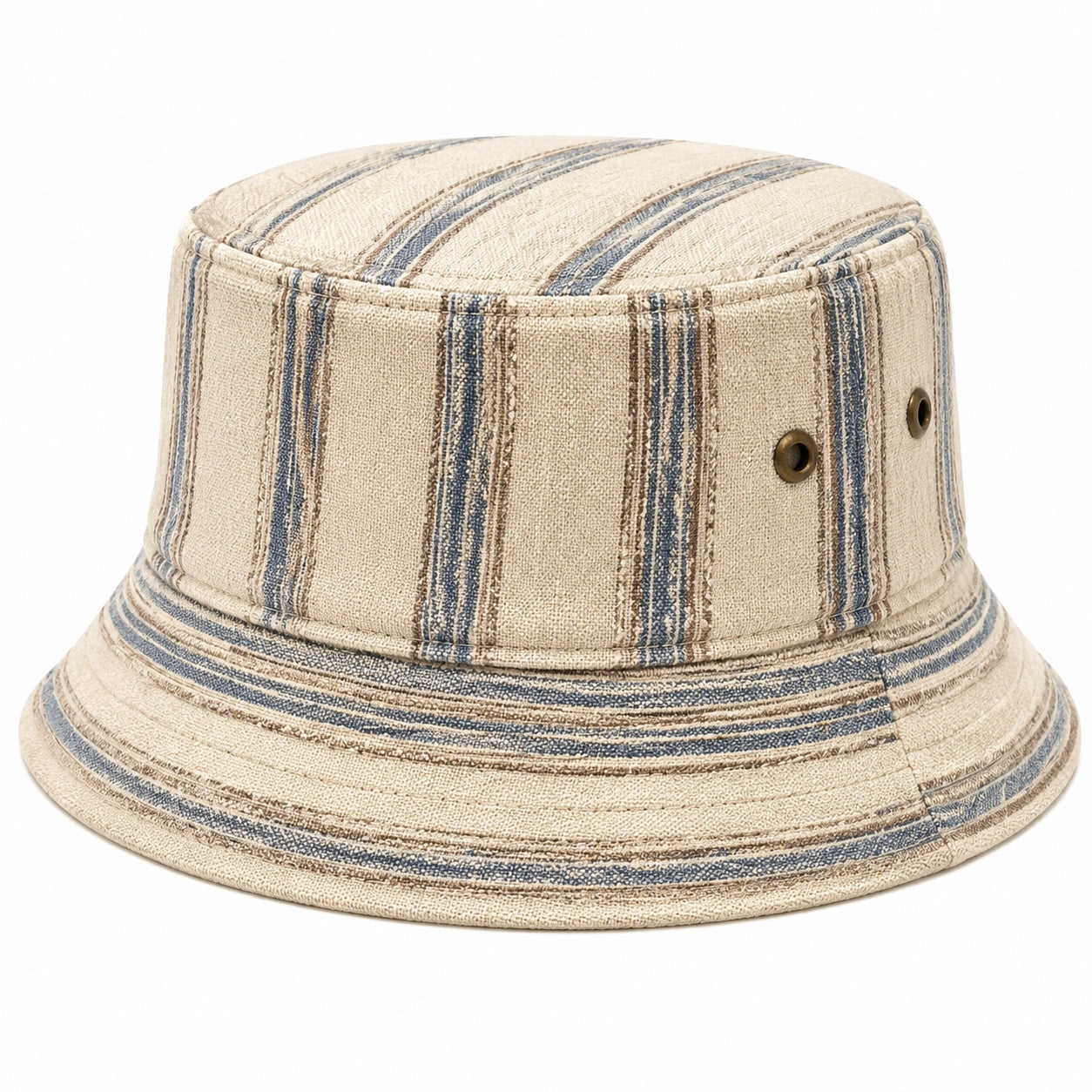 Bucket Hat Einheitsgröße aus Webstoff Beige Blau gestreift mit Luftösen