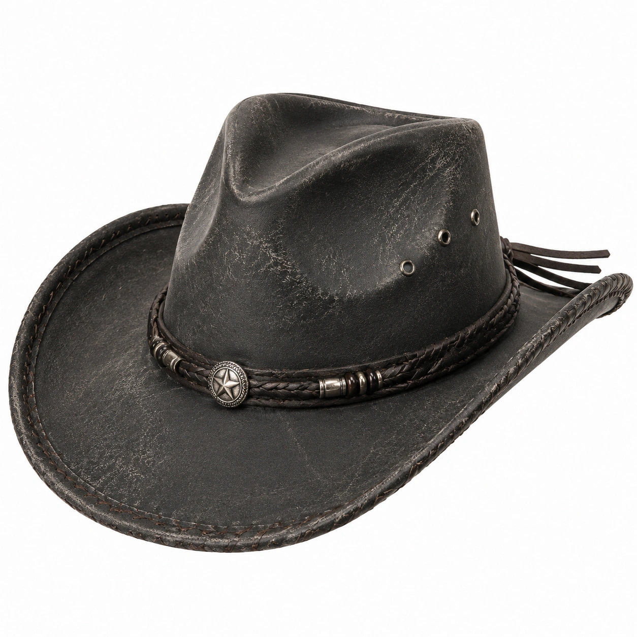 Cowboyhut Einheitsgröße in Schwarz mit lederähnlicher Oberfläche und dekorativem Hutband