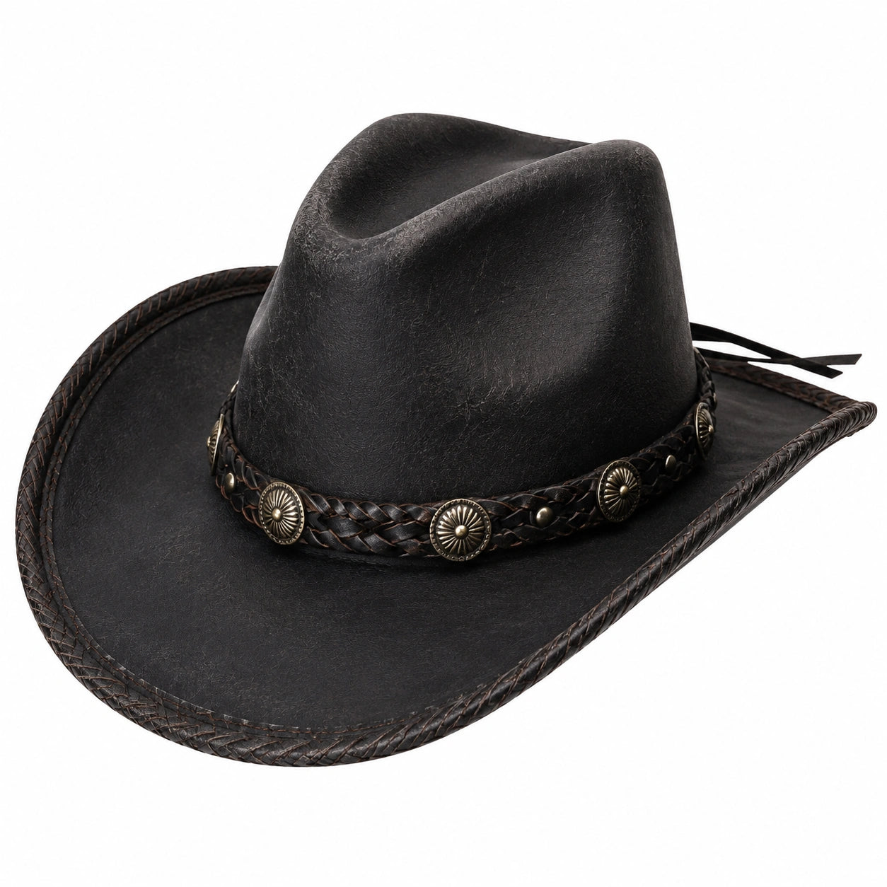 Cowboyhut Einheitsgröße schwarze Lederoptik mit geflochtenem Hutband im Westernstil
