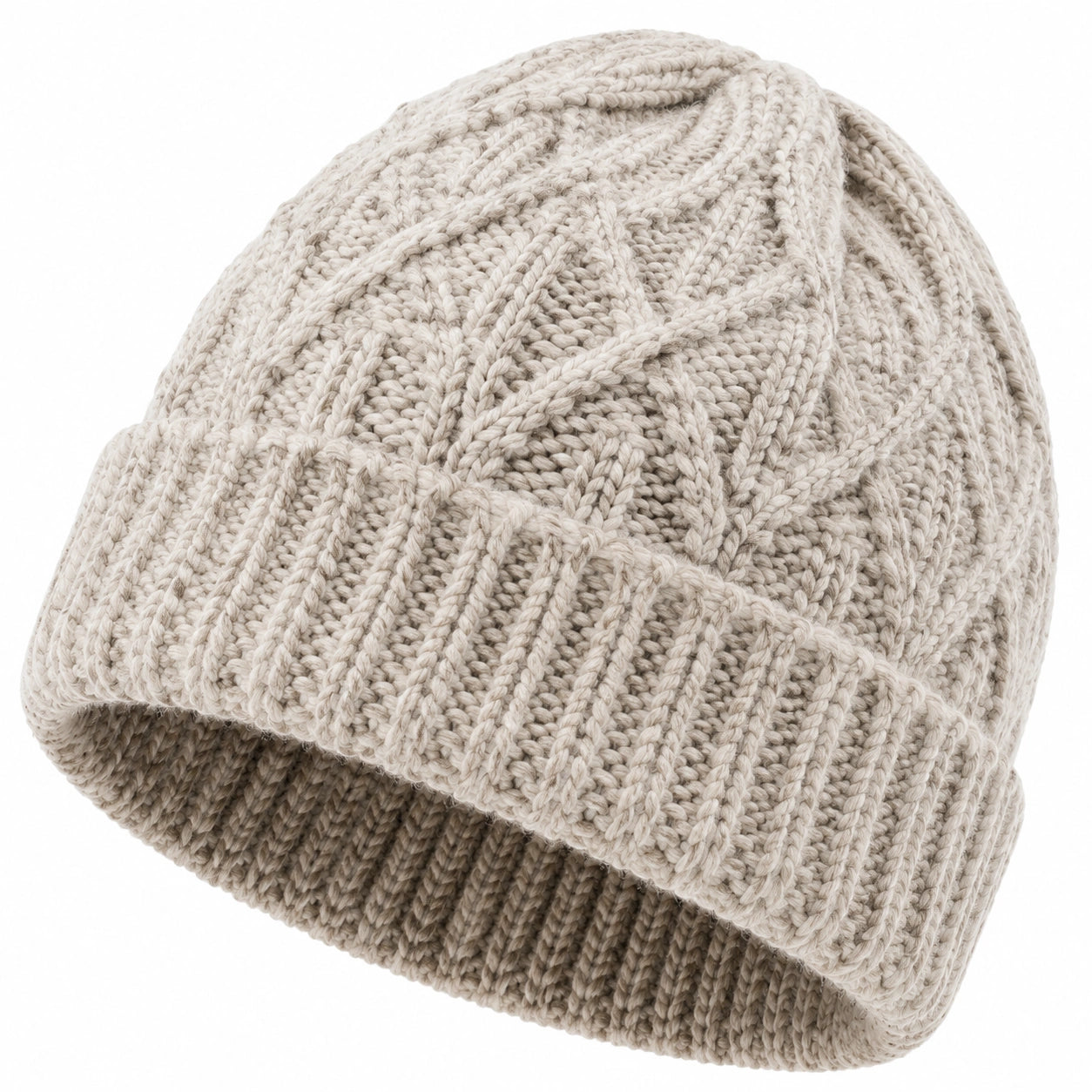 Strickmütze Einheitsgröße Beige mit Zopfmuster und Umschlag