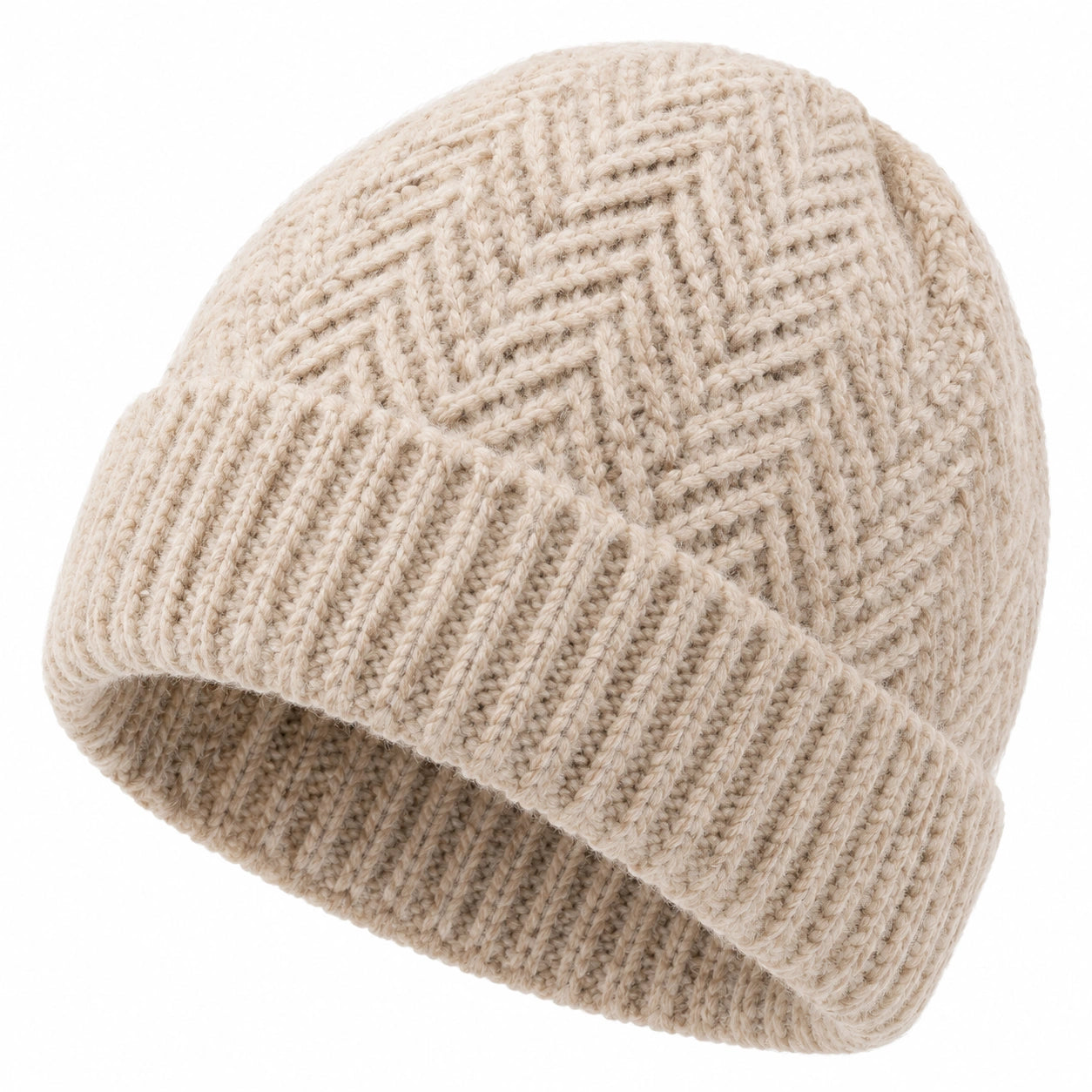 Strickmütze Einheitsgröße Beige mit Umschlag für Alltag im Rippstrick