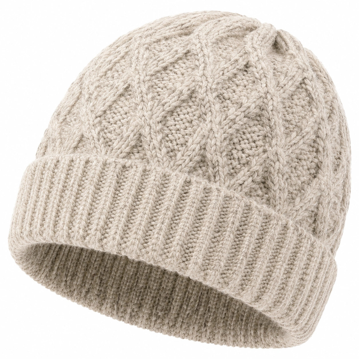 Strickmütze Einheitsgröße Beige mit Umschlag im Zopfmuster