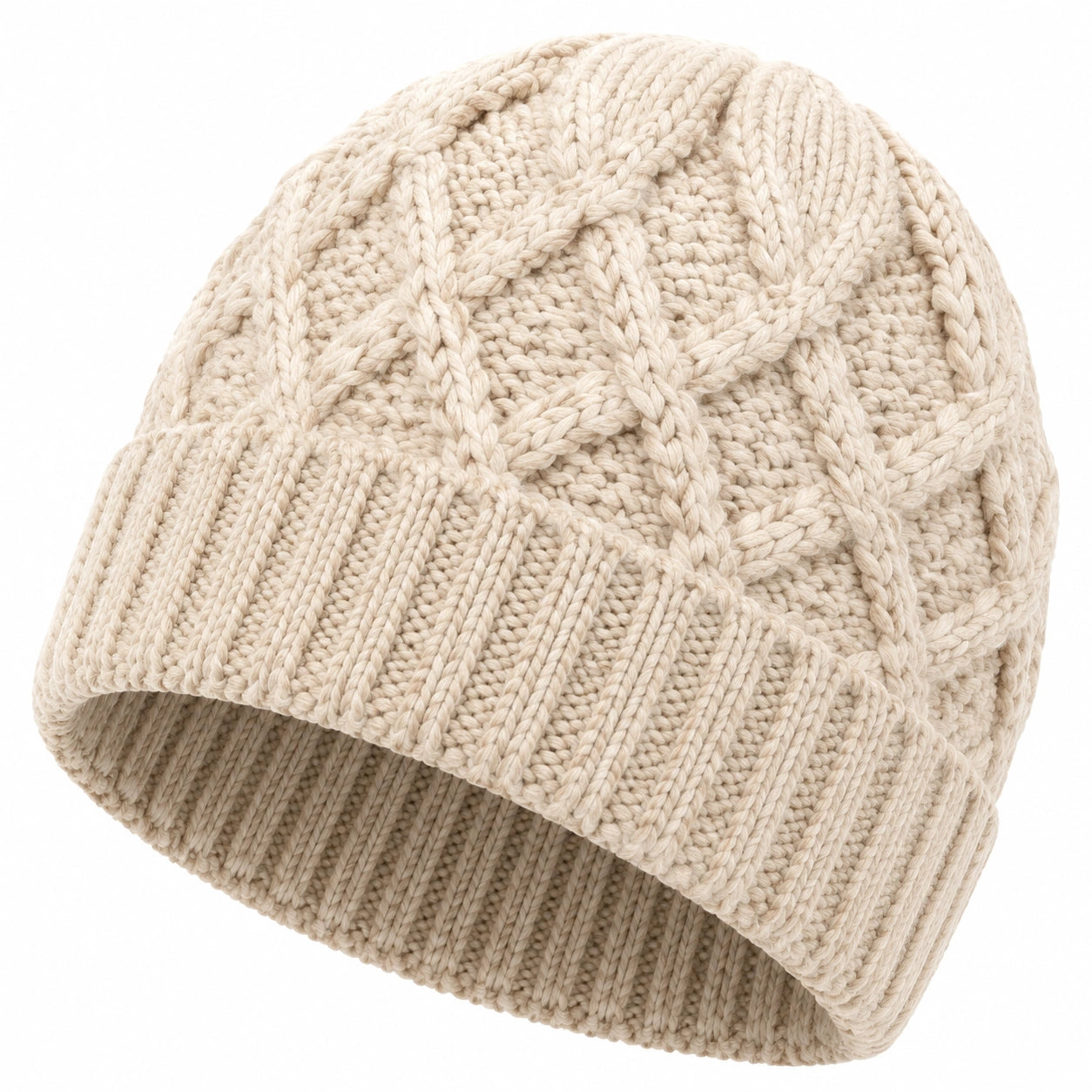 Strickmütze Einheitsgröße Creme mit Zopfmuster und Umschlag für Damen und Herren